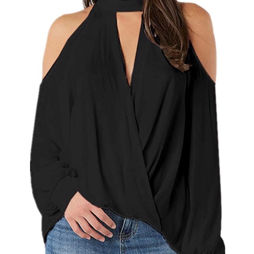 Cold Shoulder V Neck Long Sleeve Choker Cross Warp